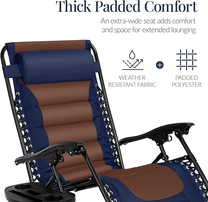 Best Choice Products Oversized Padded Zero Gravity Chair, Folding Outdoor Patio Recliner, XL Anti Gravity Lounger for Backyard w/Headrest, Cup Holder, Side Tray, Polyester Mesh - Navy/Brown