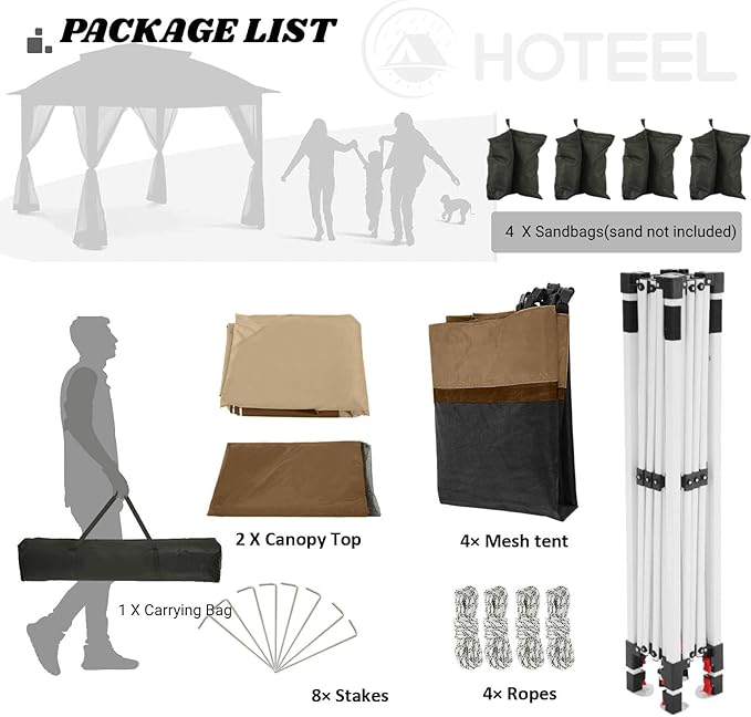 COBIZI 12x12 Pop Up Gazebo On Clearance Canopy Tent- Upgrade Metal Outdoor Canopy Waterproof - Portable Gazebo with Mosquito Nettings, 4 Ropes 8 Stakes and Carry Bag for Patio Garden(Coffee)
