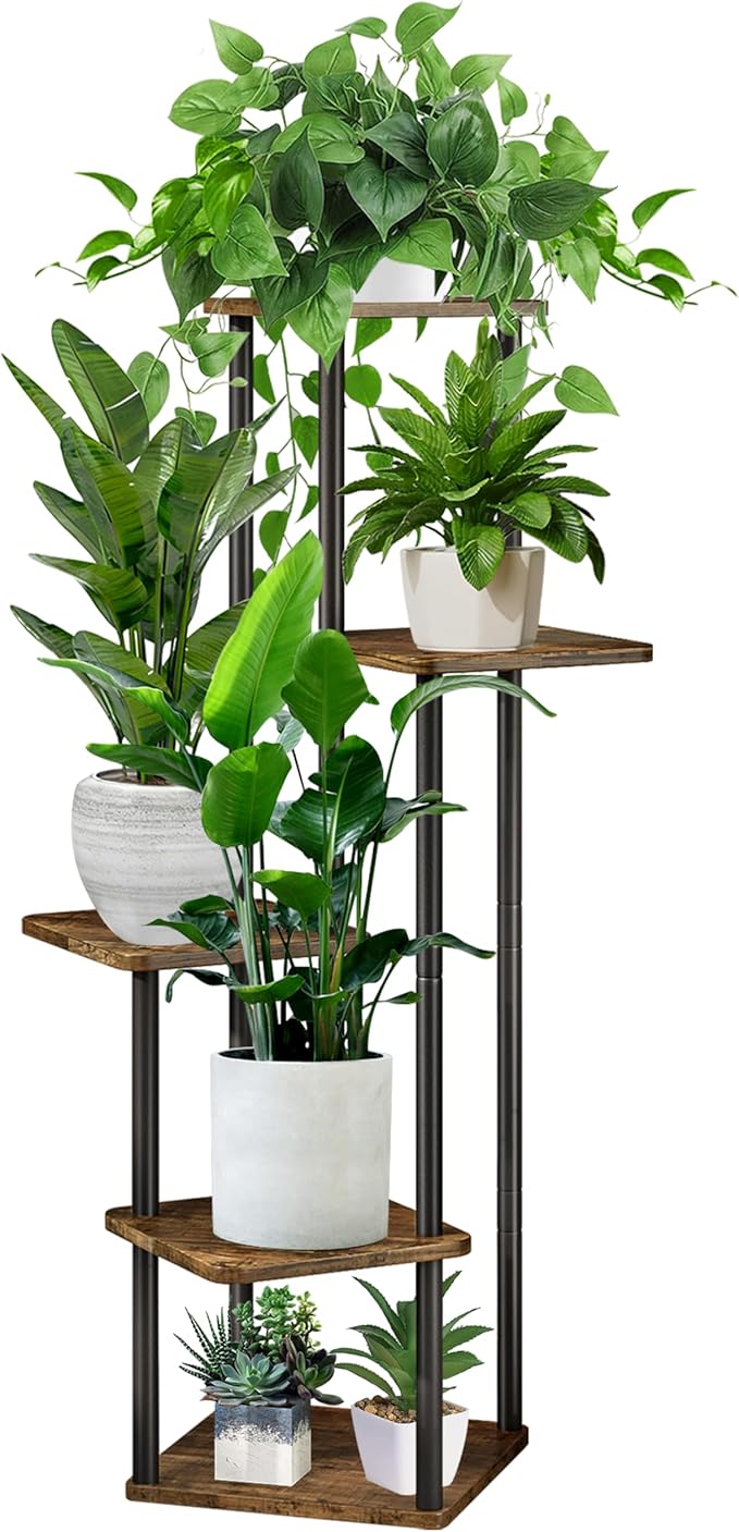 5 Tier Plant Stand Indoor, Thickened Metal Wood Corner Plant Shelf Stands for Multiple Plants, Indoor Tall Plants Stand Tiered Flower Holder for Living Room Patio Garden Balcony(Black+Brown)