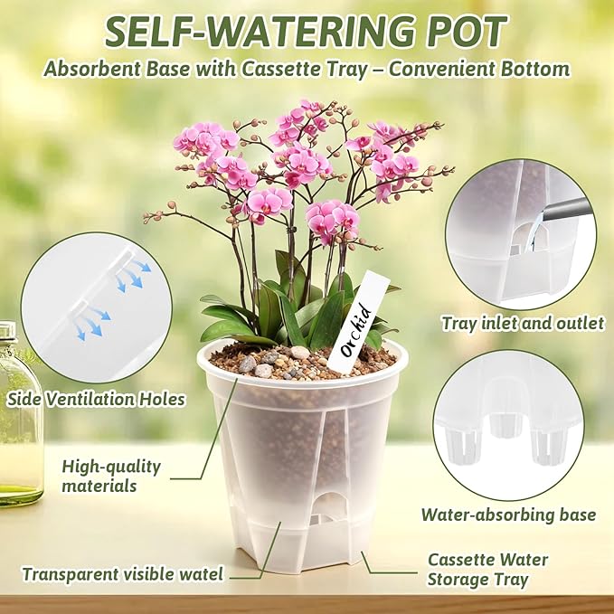Clear Self Watering Pots for Indoor Plants with 9 Plant Labels, Deep Reservoir, High Drainage Holes, Bare Root Planter for Indoor/Outdoor Plants (5PCS)
