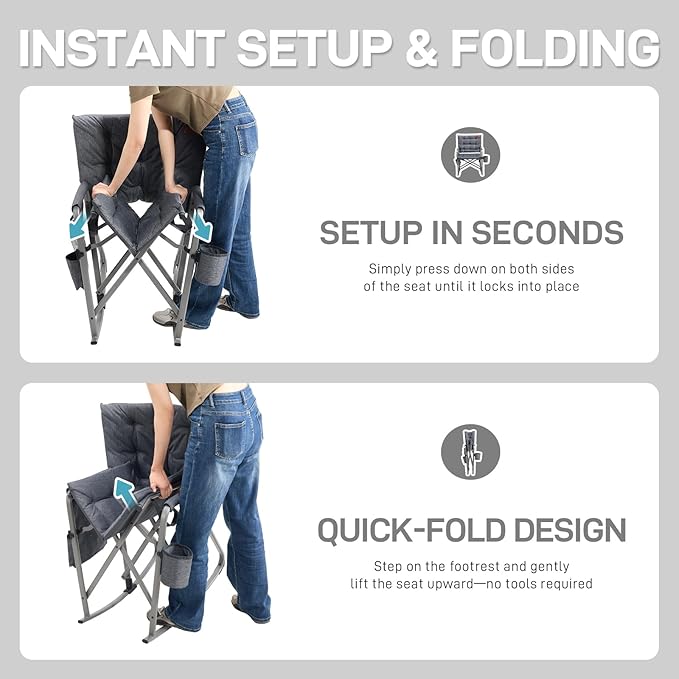 EVER ADVANCED Lightweight Folding Rocking Camping Chair, Padded Portable Rocker Chair for Patio, Lawn and Outdoors, Heavy Duty Hard Armchair for Adults, Grey