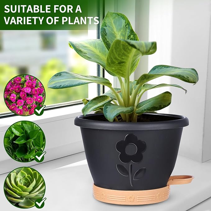 Plant Pots, Flower Pots for Indoor/Outdoor Plants, Self Watering Plastic Planters Pots with Drainage Holes, Saucer & Reservoir, Decorative Nursery Planting Pots(10 Inch Set of 4) (Black)