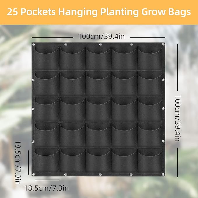 Hanging Planting Grow Bags, 25 Pockets Hanging Vertical Wall Planter Wall Mounted Grow Bag Outdoor Indoor Gardening Vertical Greening Flower Container, Planting Bags Storage Bags(1.0 m × 1.0 m, Black)