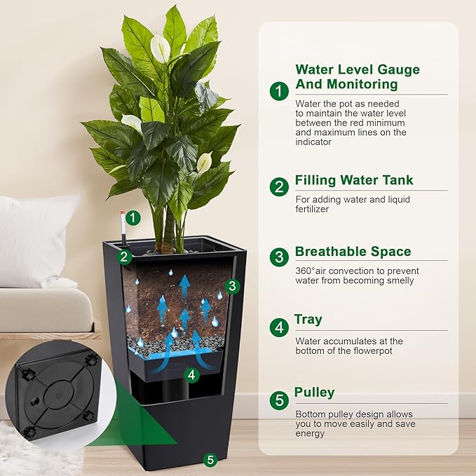 Garvee 30" Tall Planters Set of 2, Outdoor＆Indoor Black Planter Pots, High Front Porch Planter Pots with Drainage Holes＆Water Level Monitor＆Inner Bucket,Black