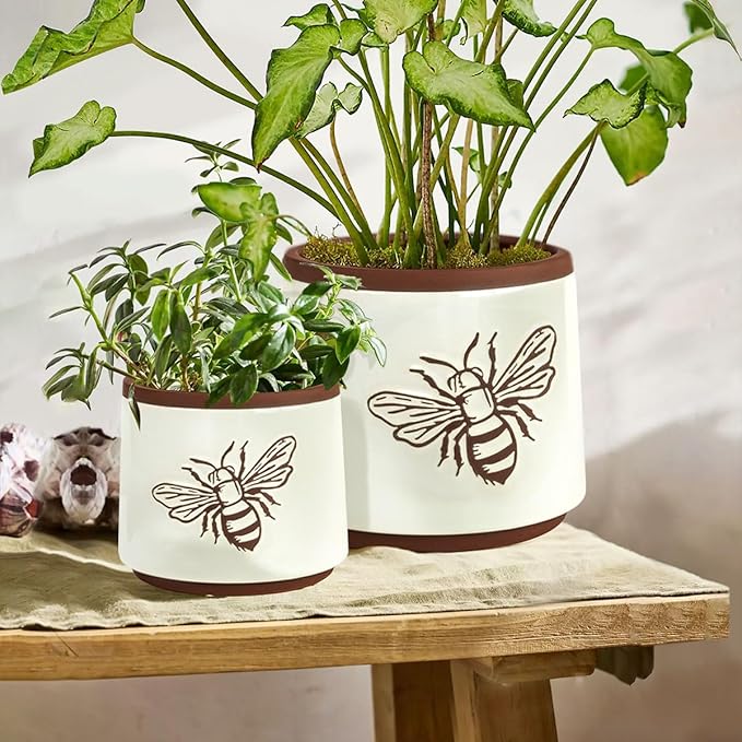YBX Terracotta Pots Inch with Drainage Holes, Bee Decor, Ceramic Pots for Indoor Plants Flower Pots Outdoor, Succulent, Herbs, Snake Plants (White, 6+4 Inch)