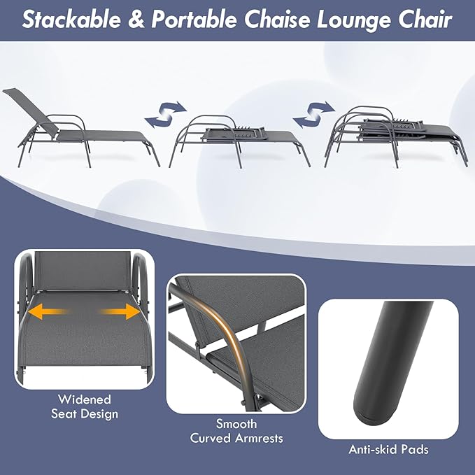 Giantex Patio Lounge Chair, Outdoor Chaise Lounge with 5 Adjustable Backrest, Sturdy Steel Frame, Sunbathing Recliner, Tanning Chair for Beach, Outside, Yard, Balcony, Pool Chairs (1,Dark Gray)