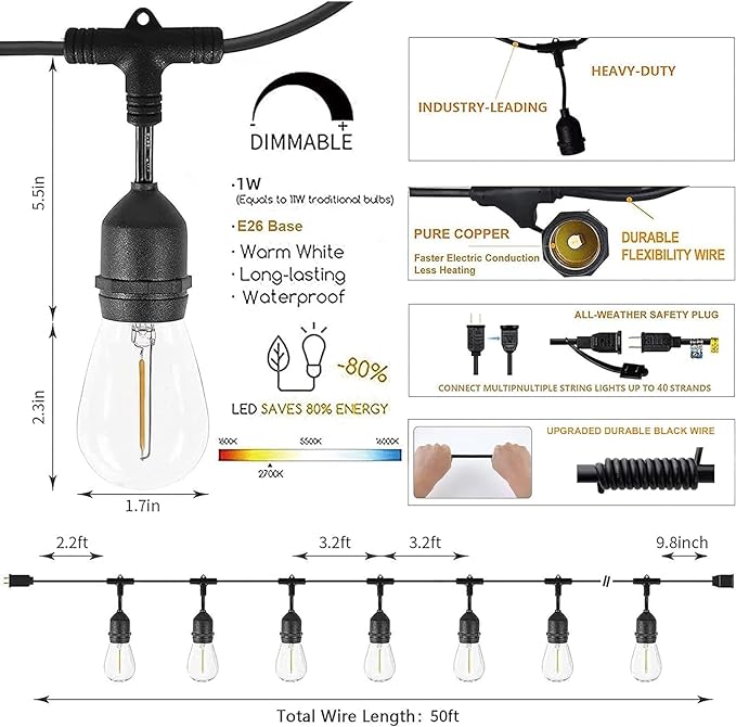 Svater Outdoor String Lights Led 105FT, Commercial Grade Patio Light with 1W Dimmable S14 Shatterproof Bulbs, ETL Listed Heavy-Duty Outside Waterproof Cafe Bistro Market Lighting Warm White