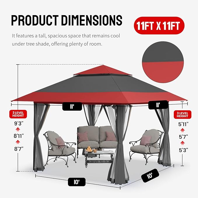 CROWN SHADES 11x11 Pop Up Gazebo, Patented One Push Outoor Canopy Tent with Wheeled STO-N-Go Cover Bag, Pop Up Canopy with Netting for Patio, Backyard (11x11, Red &Grey)