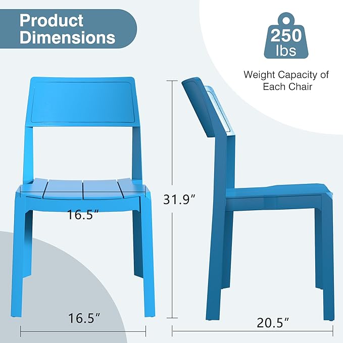 VECELO 4 Pack Stackable Dining Chairs, Plastic Patio Chairs for Indoor Outdoor Use in Kitchen, Poolside, No Assembly, Matte Blue