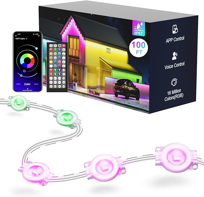 Fussion Permanent Outdoor Lights for House, 100ft RGB Halloween House Lights Outdoor with APP Remote Control, IP67 Waterproof Smart Eternity Eaves Lighting for Christmas, Holiday, Party, Daily