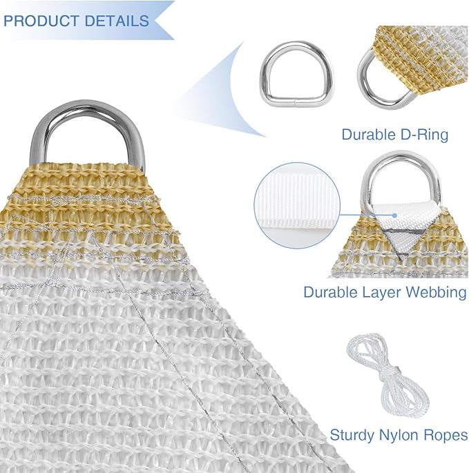 E&K Sunrise 6' x 6' x 6' Sun Shade Sail Triangle Canopy Shade Cover UV Block for Patio Backyard Garden Outdoor (Beige White Strip)