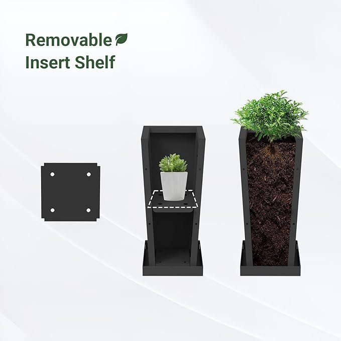 Tall Planters 18" H - 2 Pack, Tapered Pots with Drainage Insert Shelve & Trays, Metal Outdoor Planter Box for Porch, Garden, Patio, Yard (Black)