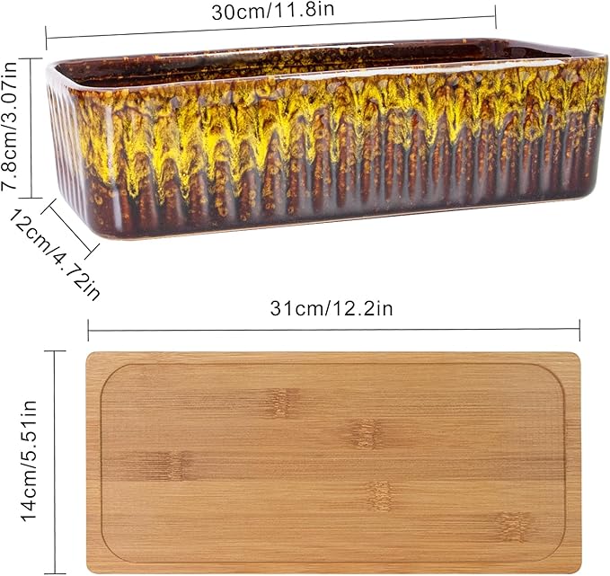 Succulent Pots - 12 Inch Large Succulent Planters with Drainage Tray, Window Sill Planter, Long Rectangle Ceramic Pots for Indoor Cactus Plants Shallow Bonsai Window Box for Home Garden Decor