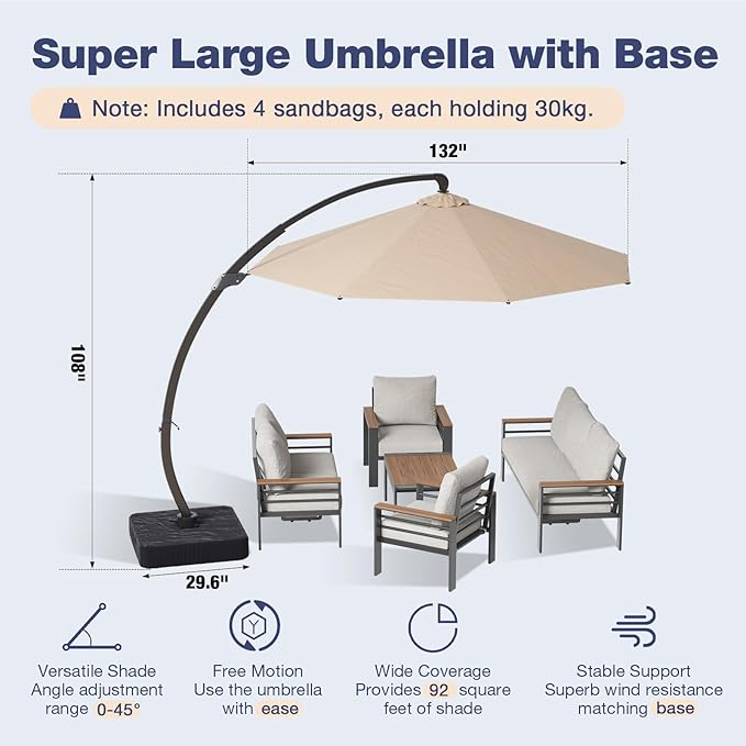 Aoxun Aluminum Patio Furniture Set with Umbrella 7 Seats, Oversized Outdoor Sectional with Washable Thick Cushions, Coffee Table and Waterproof Cover, Patio Conversation Sets for Porch, Balcony, Deck