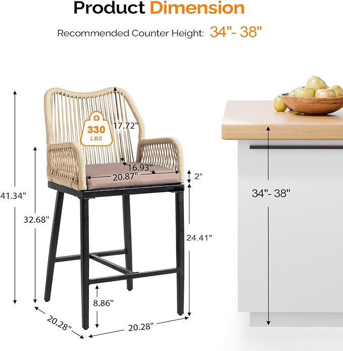 VINGLI Outdoor Counter Height Bar Stools Set of 2, Rattan Outdoor Barstools Boho Woven Patio Bar Stools with Backrest, Aluminum Frame Patio Garden Balcony Pool Bar Chairs (2 PCS)