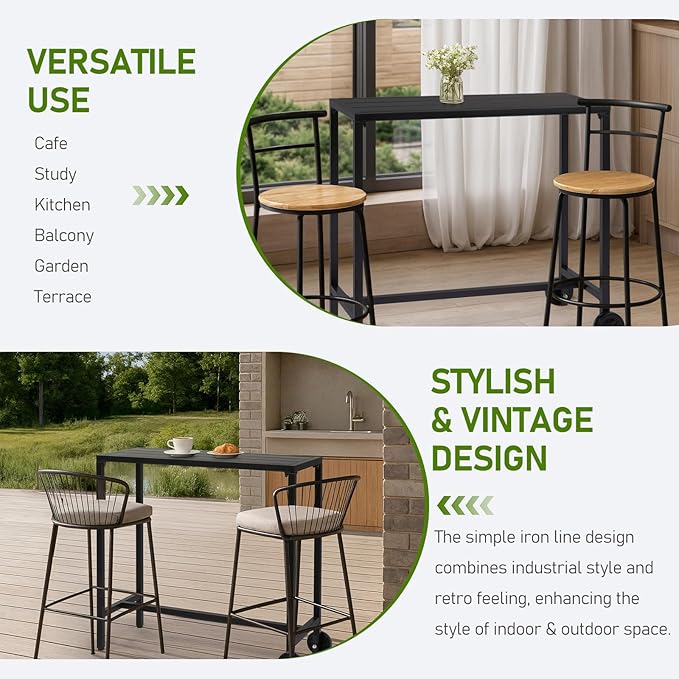 Outvita Outdoor Bar Table, 37" Height Wheeled Patio Pub Table with Waterproof Frame and Adjustable Foot for Hot Tub, Patio, Backyard, Balcony, Hallway, Bistro Rectangle, Black