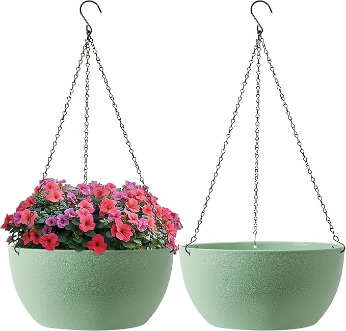 T4U 12 Inch Hanging Planters for Indoor Outdoor Plants, 2 Pack Plastic Hanging Planter, Indoor Hanging Plant Pots, Hanging Basket with Drainage Holes, Flower Pots for Garden Home Decor, Green