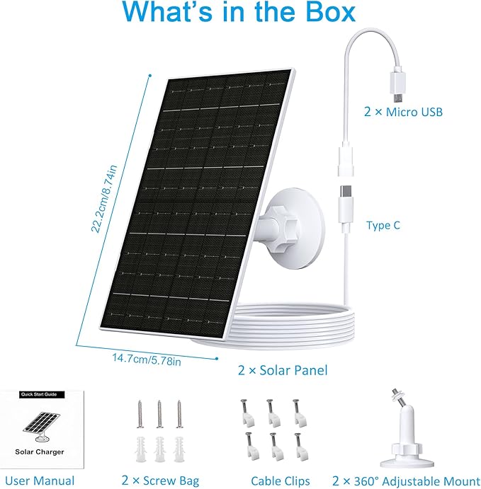 Zivif 7W Solar Panel for Arlo Essential 2K (2nd Gen), Essential XL Spotlight Cameras, USB-C Solar Charger with Micro USB Connector, IP66 Waterproof, 360° Adjustable Mount, 7.2ft Cable, 2 Pack