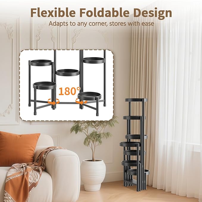 LASZOLA 7 Tiered Folding Tall Plant Stand Indoor for Multiple Large Planter, Heavy Duty Metal Adjustable Flower Rack for Narrow Corner, Sturdy Vertical Spiral Shelving Holder for Modern House, Black