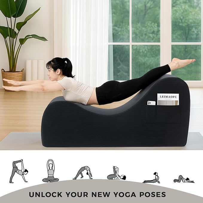 Yoga Chair Lounge for Adult, Ergonomic Chaise Lounge Chair with Side Pocket, Headrest, Waist Pad, Ottoman，Perfect for Stretching, Massage, and Relaxation, Used in Living Room, Bedroom（Black）