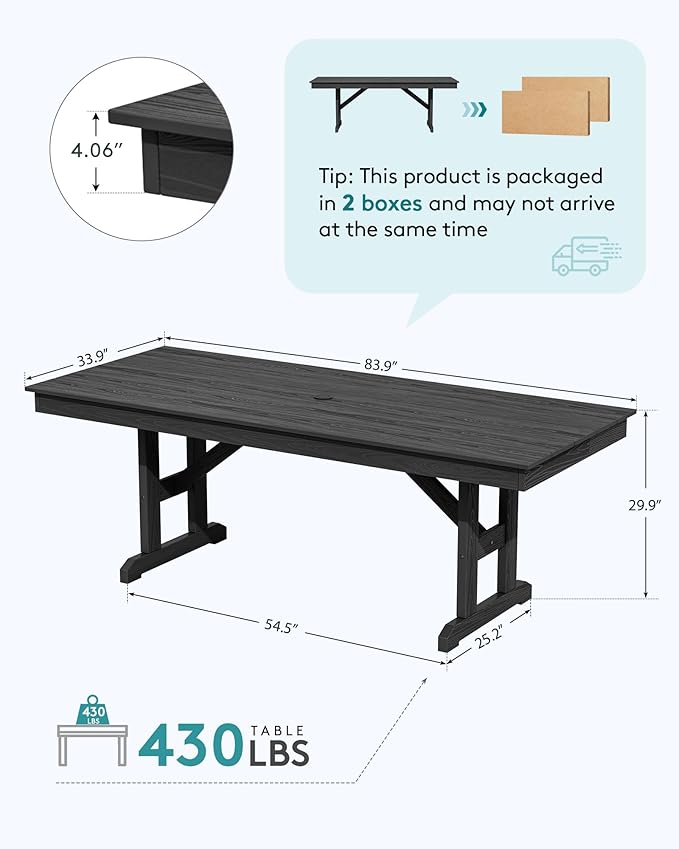 SERWALL Outdoor Dining Table, 84" Rectangular Dining Table for 6-10 Person, All Weather HDPE Outdoor Furniture for Backyard, Garden, Black