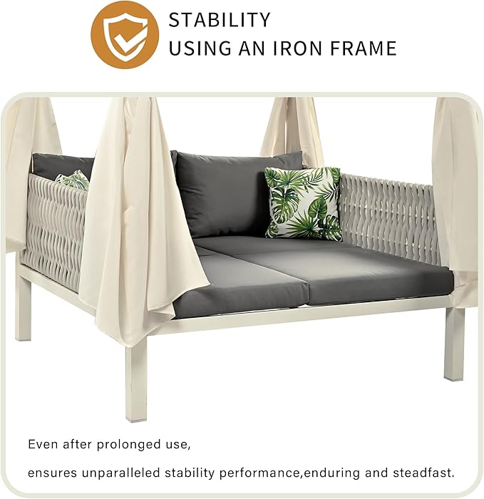 Merax Outdoor Patio Daybed with Soft Cushions and Curtains, Double Chaise Lounge Sunbed with Rubber Core Rope Backrest and Comfy Pillows for Outside Pool, Garden, Backyard, Lawn, Gray+Beige
