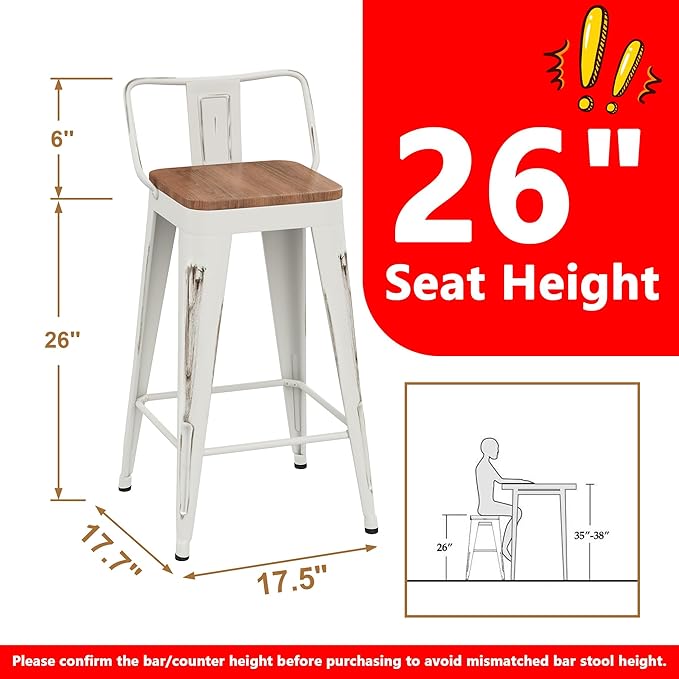 WENTMENT Bar Stools Set of 4 Counter Height Bar Stools Metal Barstools with Removable Back 30" Kitchen Bar Stools with Wooden Seat, Distressed White