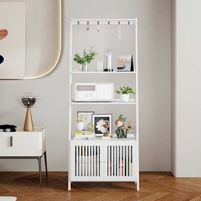 4-Tier Ladder Shelf with Drawers 59.5"H x 24.8"L x 10.6"W, Ladder Bookshelf with 6 Hooks, Tall Narrow Retro Bookcase, Freestanding Storage Shelf for Living Room, Home Office, Bedroom, White