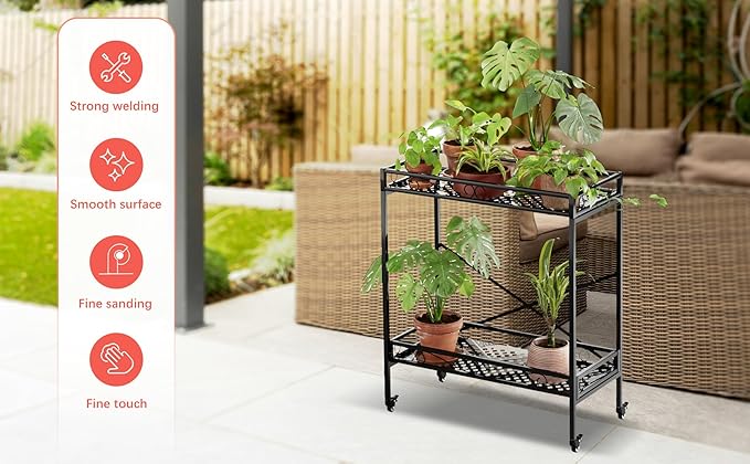 Zhongma 2 Tier Sturdy Metal Plant Stand with Wheels, 32.7x16x39.4 Inch High, Heavy Duty Succulent Shelf for Home Indoor and Outdoor, 440 LBS Capacity & Heavy Duty Construction