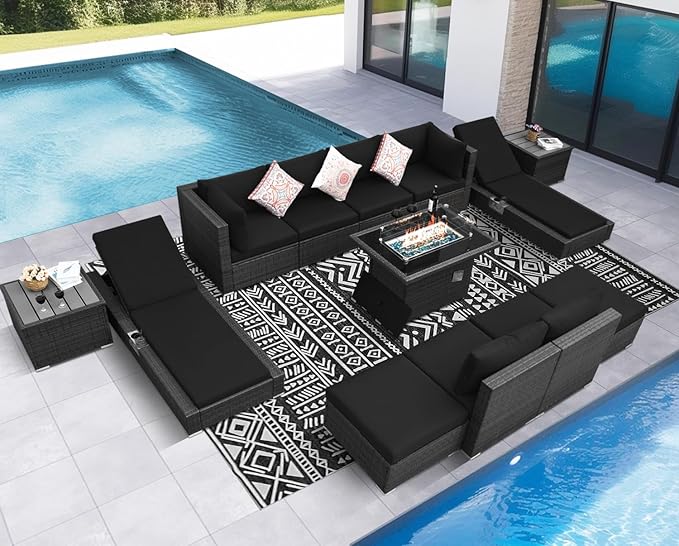 NICESOUL 13 Piece Patio Furniture Set with Fire Pit Table, 29.3'' High Back Large Outdoor Sectional with Firepit & Chaise Lounge, Sturdy Deep Seating Conversation Set, Gray Rattan & Black Cushion