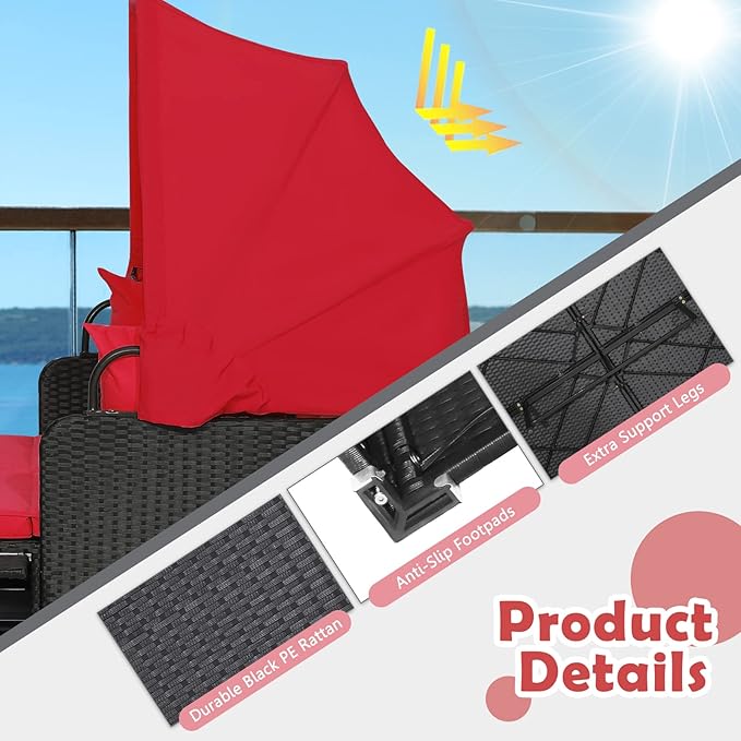Tangkula Patio Rattan Daybed with Retractable Canopy, Outdoor Wicker Sunbed Lounger with 2 Foldable Side Tables, Thick Seat & Back Cushions, Outside Double Daybed for Garden, Backyard, Porch, Red