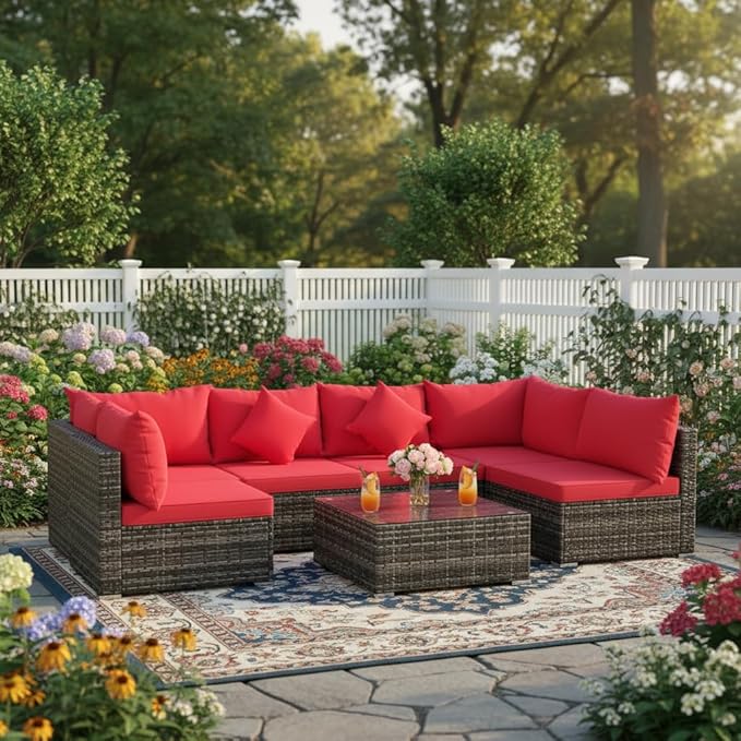 Tangkula 7 Pieces Wicker Patio Furniture Set, All-Weather Outdoor Rattan Sectional Sofa Set with Cushions & Tempered Glass Coffee Table, Outside Sofa Set for Garden, Lawn, Deck, Backyard (Red)