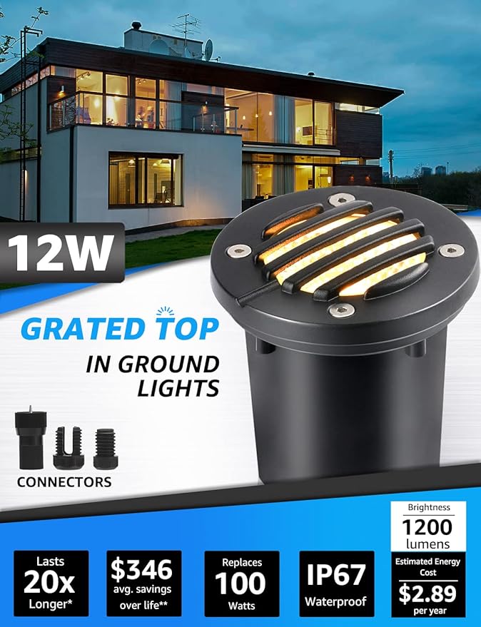 SUNVIE 12W Low Voltage Landscape Lighting Anti-Glare LED Well Lights(Grated Top) 12V-24V Waterproof Outdoor In-Ground Lights 3000K Landscape Lighting for Garden Yard Pathway 6 Pack with Connectors