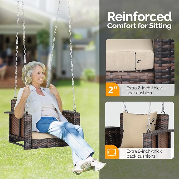 Outvita Porch Swing, 2FT Hanging Outdoor Porch Swings for Adults, Square Wicker 1 Person Patio Swing, with Cushion, Pillow and Chain for Garden, Backyard, Weight Capacity - 440lbs Brown & Khaki