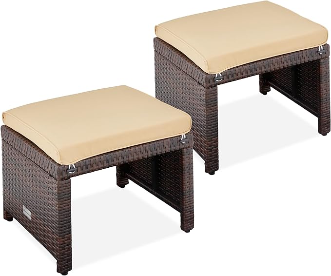 Best Choice Products Set of 2 Wicker Ottomans, Multipurpose Outdoor Furniture for Patio, Backyard, Additional Seating, Footrest, Side Table w/Removable Cushions, Steel Frame - Brown/Tan