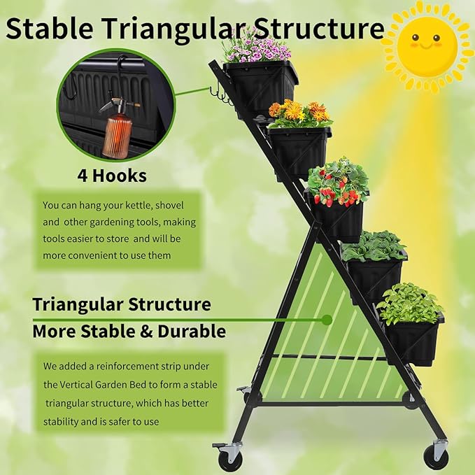Homdox 4FT Vertical Garden Bed, 5 Tiers Raised Garden Planter, 25.6 * 26 * 48Inch with 4 Hooks & 4 Wheels, Vegetable Flower Stand for Garden Patio Yard, Black