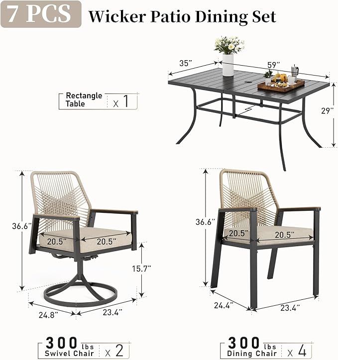 Patio Dining Set 7 Piece, 4 Woven Rattan Fixed Chairs and 2 Swivel Chairs with Waterproof Cushion, 59" Rectangular Metal Table with Umbrella Hole, Outdoor Table Set for Backyard Lawn Deck, Beige