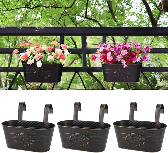 3 Pack Metal Railing Planters, 10.5" Oval Hanging Flower Pots with Detachable Hooks & Drainage Holes, Fits Rails up to 2.36", Galvanized Iron Fence Bucket for Balcony Garden Patio - Letter Black