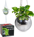 SCANDINORDICA Disco Ball Planter – Value Package: Disco Planter with Chain, Macrame Hanger and Acrylic Stand, Includes Self Watering Insert, Preppy Room Decor, Funky Decor | 8 inch Silver