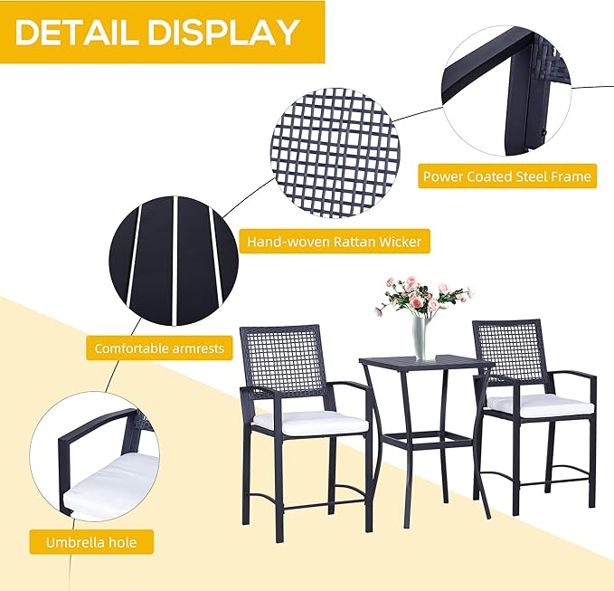 Outsunny 3pcs Patio Bar Set with Soft Cushion, Rattan Wicker Outdoor Furniture Set for Backyards, Lawn, Deck, Poolside