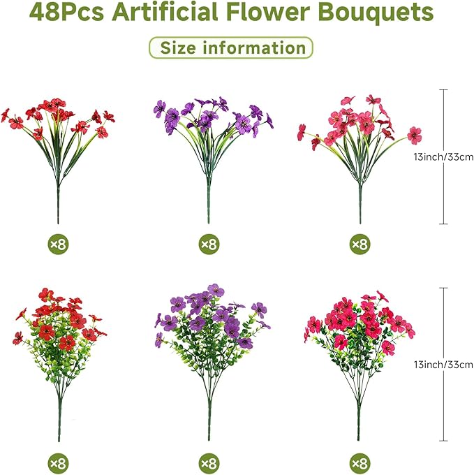 Alupssuc 48 Bundles Artificial Flowers for Outdoors Decoration, UV Resistant Silk Faux Daisy Flora Spring Fake Plastic Plants Greenery for Outside Indoor Yard Home Porch Window Box Decor, Mix 3 Colors