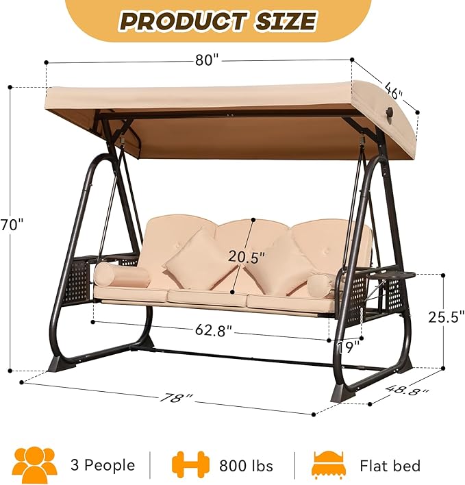 3 in 1 Outdoor Porch Swing with Adjustable Canopy, 3 Seat Outdoor Swing for Adults, Patio Swing Chair with Thickened Cushions,Pillows & Cup Holders for Backyard, Porch, Garden (Khaki)