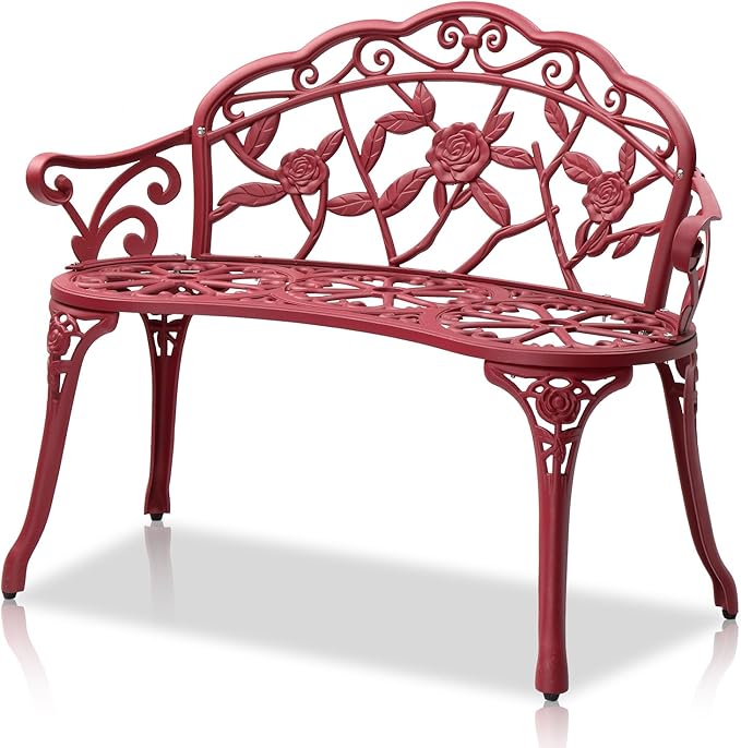 VINGLI 38.5" Patio Park Garden Outdoor Metal Rose Bench, 2-Person Cast Iron Cast Aluminium Frame Antique Finish Chair,Accented Lawn Front Porch Path Yard Decor Deck Furniture (Red, Rose)