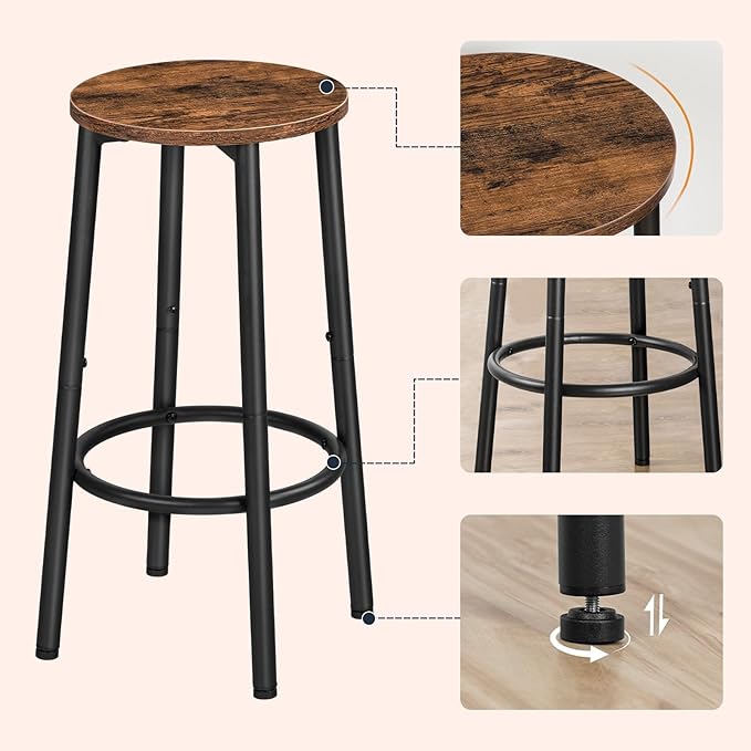 HOOBRO Bar Stools, Set of 4 Bar Chairs, Kitchen Round Height Stools with Footrest, Breakfast Bar Stools, Sturdy Steel Frame, for Dining Room, Kitchen, Party, Easy Assembly, Rustic Brown BF03BYP401N1
