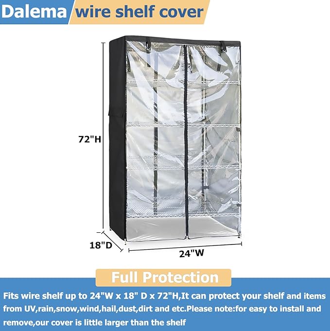 Waterproof Shelf Cover,Outdoor 600D Heavy Duty Dustproof Storage Shelves Cover,24''x18''x72'' Shelf Covers for Wire Shelving with Zippers,Storage Rack Covers with Clear Front