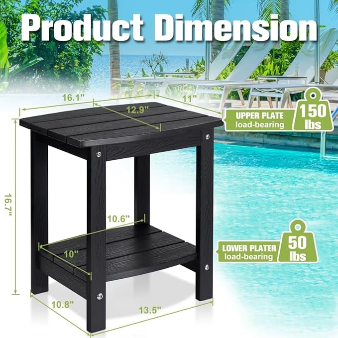 Y&M Outdoor Side Table, HIPS Adirondack Small Double Layer Table, Waterproof Square Outside Table, Balcony Modern End Tables for Patio, Pool, Beach, Porch, Deck, Indoor or Outdoor Use, Black