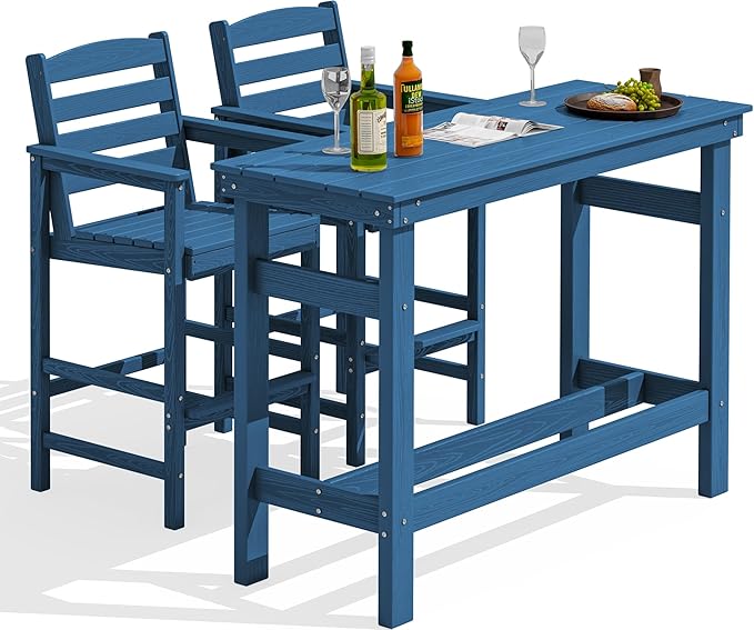 SERWALL Outdoor Bar Set - 2 Adirondack Bar Chairs & Bar Height Table with 1.6" Umbrella Hole, All-Weather HDPE Patio Furniture for Poolside, Backyard, Garden - Blue