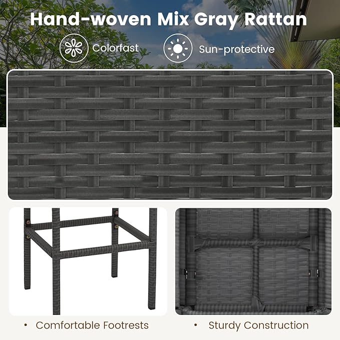 Tangkula 5 Piece Outdoor Rattan Bar Set, Patio Bar Furniture with 4 Cushions Stools and Smooth Top Table with Hidden Storage Shelf, Outdoor Conversation Set for Poolside, Backyard, Lawn (Grey-White)