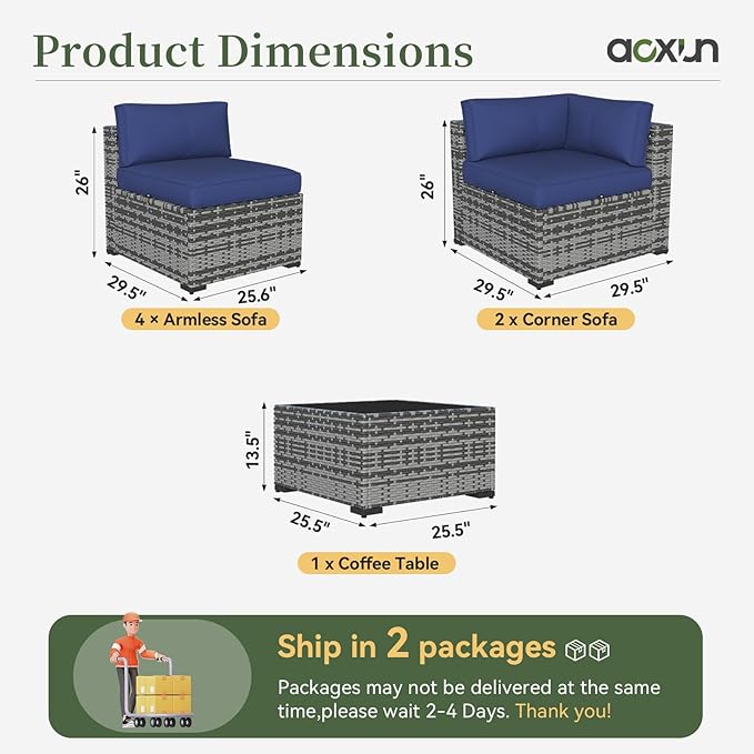 Aoxun 7 Piece Patio Furniture Set Wicker Rattan Patio Conversation Set Outdoor Sectional Sofa Set with Coffee Table and Thickened Cushions, Gray/Blue(Waterproof Cover Included)