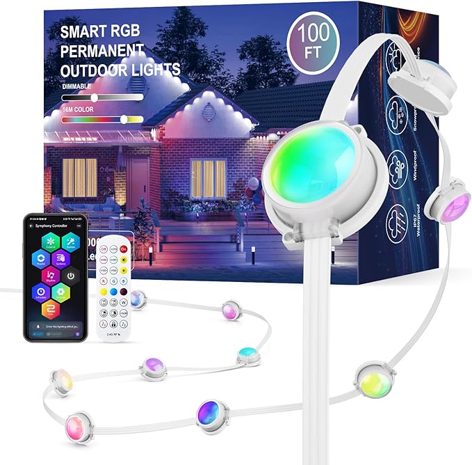 JOH Permanent Outdoor Lights, 100FT Permanent Outdoor Lights for House with RGB+IC Smart LED, App & Remote Control, DIY, IP67 Waterproof, for Super Bowl, V-Day, Thanksgiving, Daily & Holiday Party